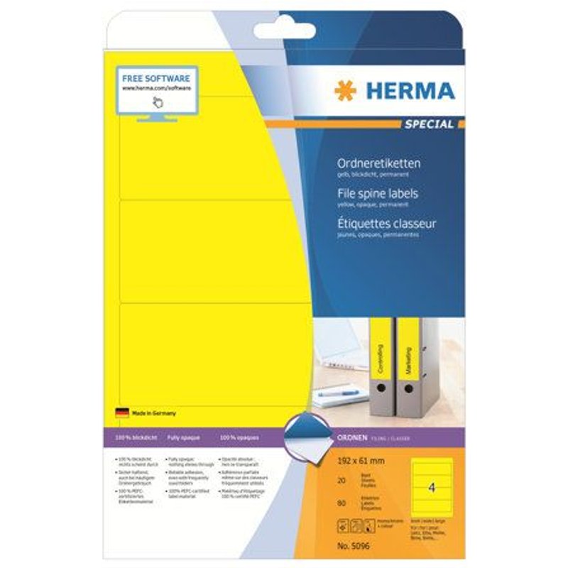 HERMA Special - Papier - mat - auto-adhésif permanent - jaune - 192 x 61 mm 80 étiquette(s) (20 feuille(s) x 4) étiquettes de dossiers opaques