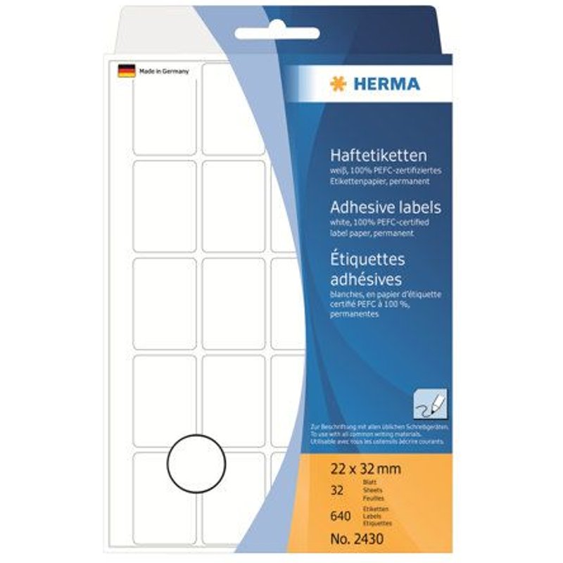 HERMA - Adhésif permanent - blanc - 22 x 32 mm 640 étiquette(s) (32 feuille(s) x 20) étiquettes