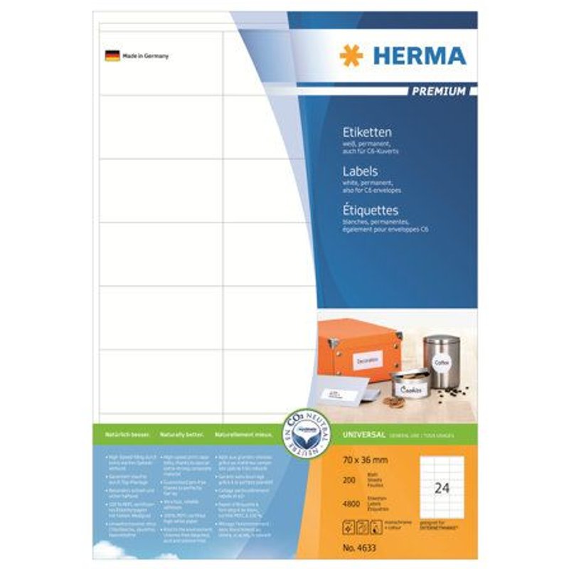 HERMA Premium - Papier - mat - auto-adhésif permanent - blanc - 70 x 36 mm 4800 étiquette(s) (200 feuille(s) x 24 étiquettes laminées