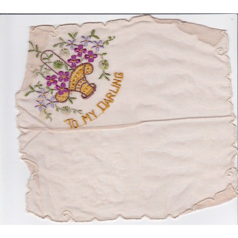 To My Darling -Souvenir From France - Mouchoir De Guerre Brodé Ww1 War Lace And Silk Embroidered Handkerchief