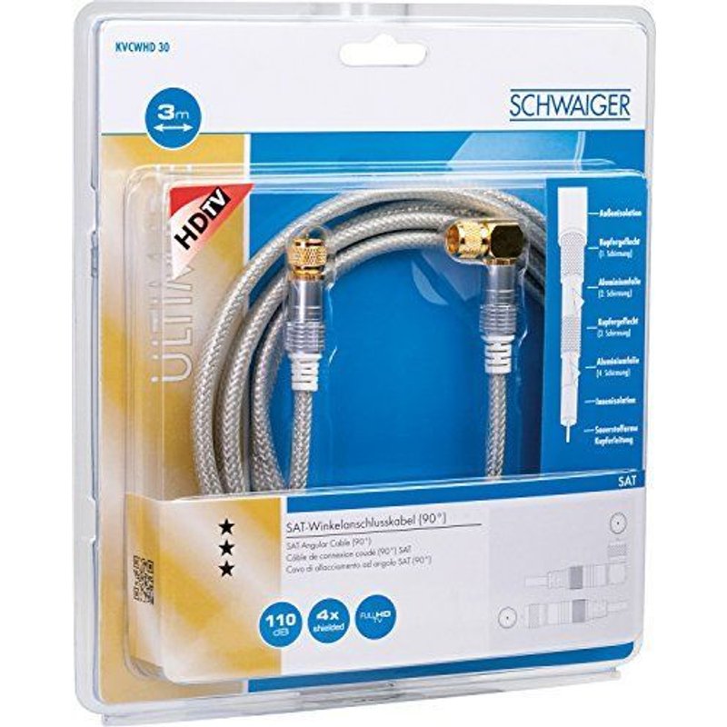 Schwaiger Câble satellite à raccord coudé Longueur 3 m Angle à 90 Fiche F vers fiche F 110 dB Blindage 4 voies crou moleté plaqué or transparent
