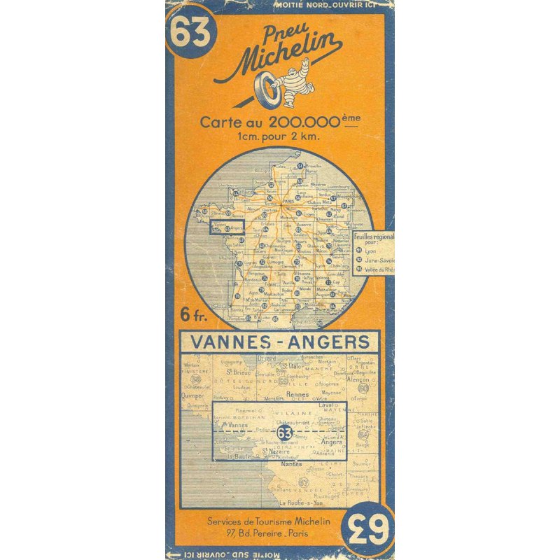 Carte Michelin N° 63 Vannes Angers 1940 (Au 1/200 000e : 1 Cm Pour 2 Km)