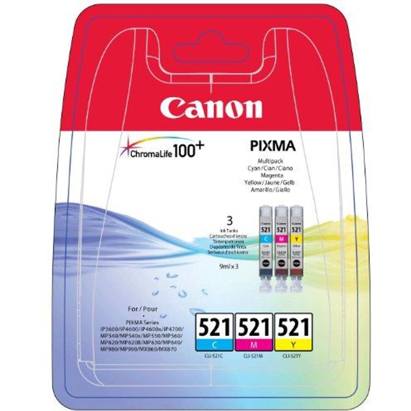 Canon CLI-521 Cartouche d'encre d'origine Pack de 3 Cyan, Magenta, Jaune