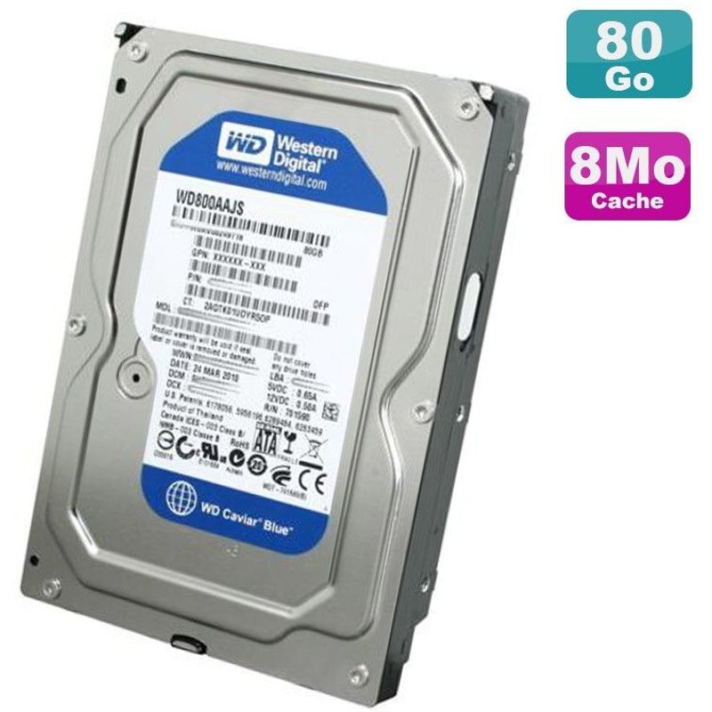 Disque Dur 80Go SATA 3.5" Western Digital CaviarBlue WD800AAJS-60M0A0 7200RPM 8Mo