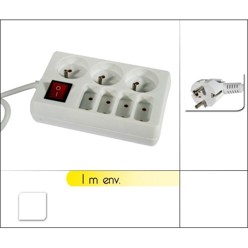 Bloc de 7 prises électriques avec interrupteur blanc