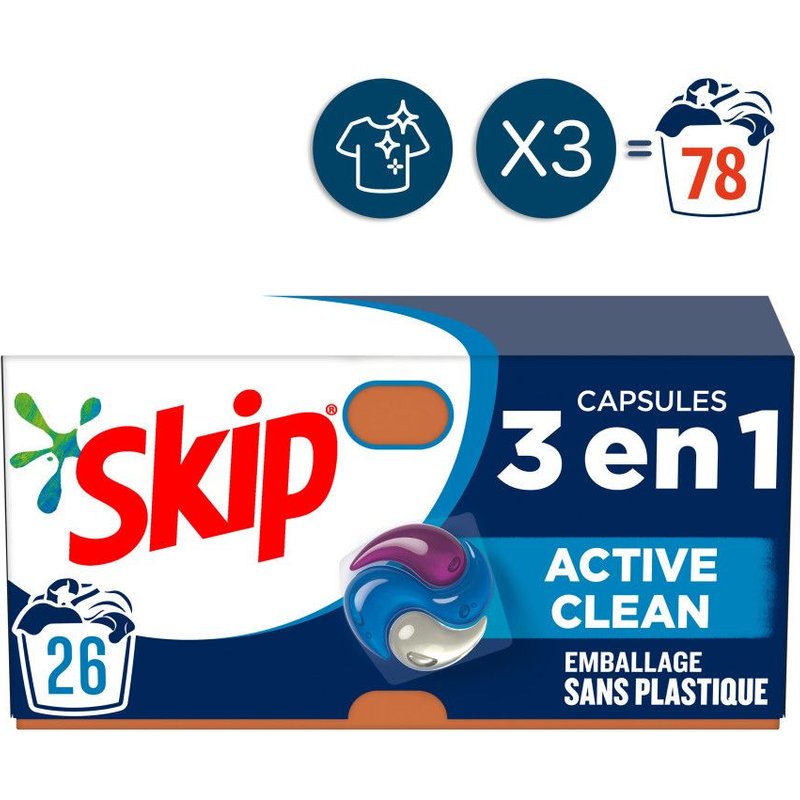 78 lavages - Capsules 3en1 SKIP Lessive Active Clean (Lot de 3x26)