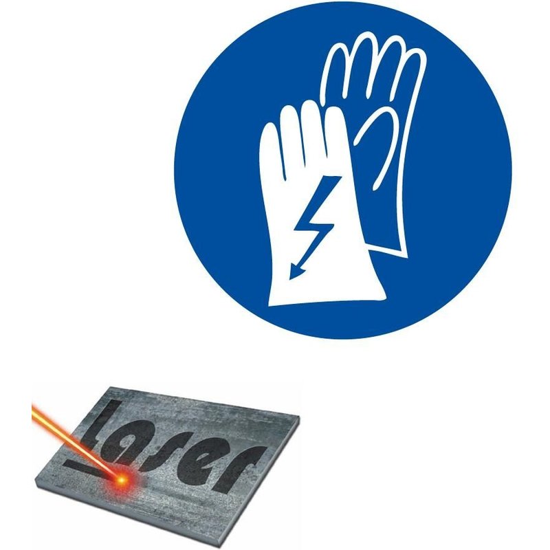 Plaque gravée autocollante 8cm "Gants protection électrique" fond bleu