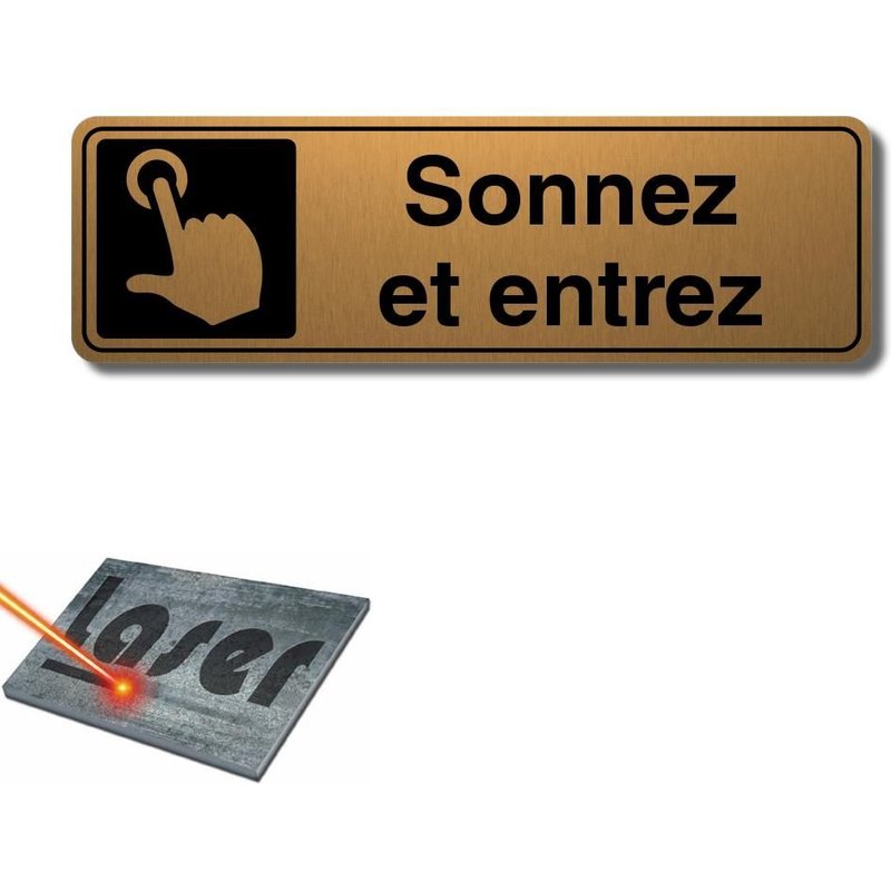 Plaque gravée autocollante 13x4cm Sonnez et entrez fond Or brossé