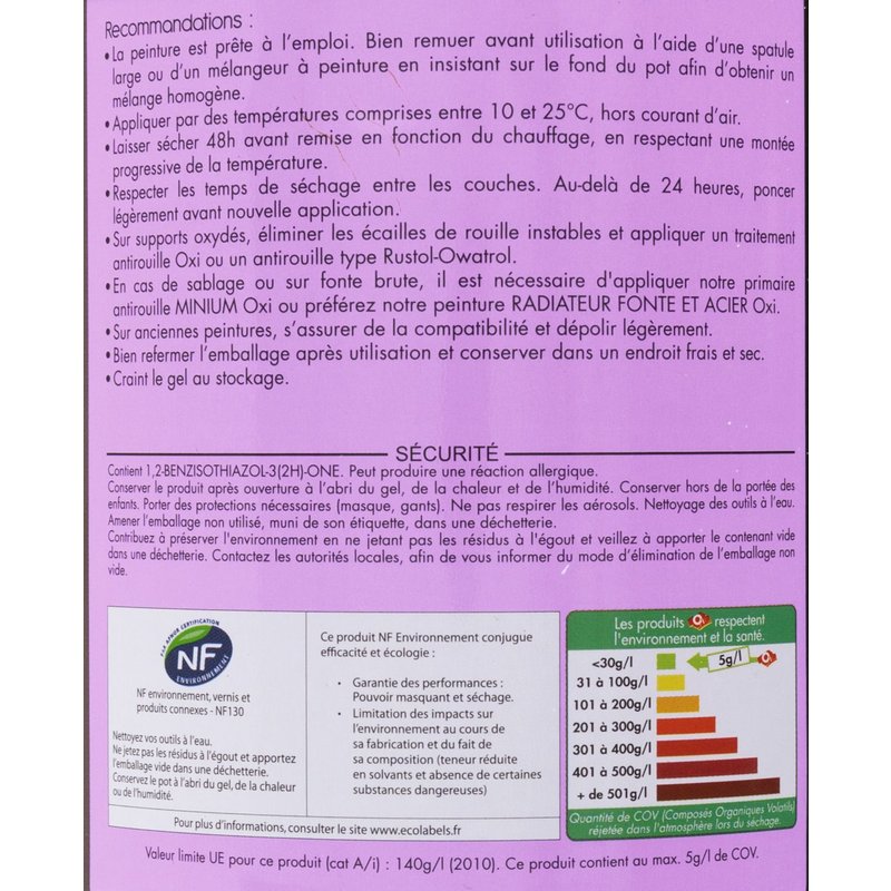 Peinture monocouche radiateur convecteur et tuyau Oxi - Blanc satiné - 0,5 l