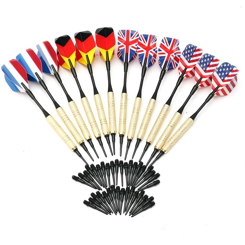 12x Flechettes Métal Darts à Pointes Plastiques + 36 Pointes Drapeau Doux Pointe