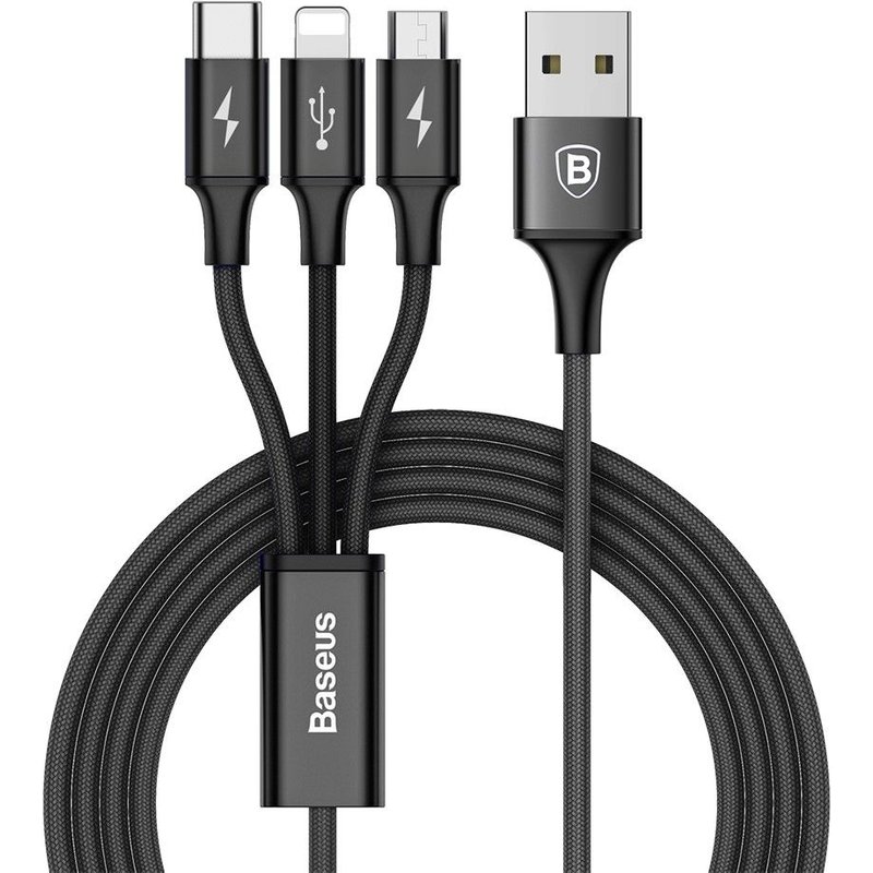 Câble Baseus 3 en 1 Noir Lightning Micro USB et Type C