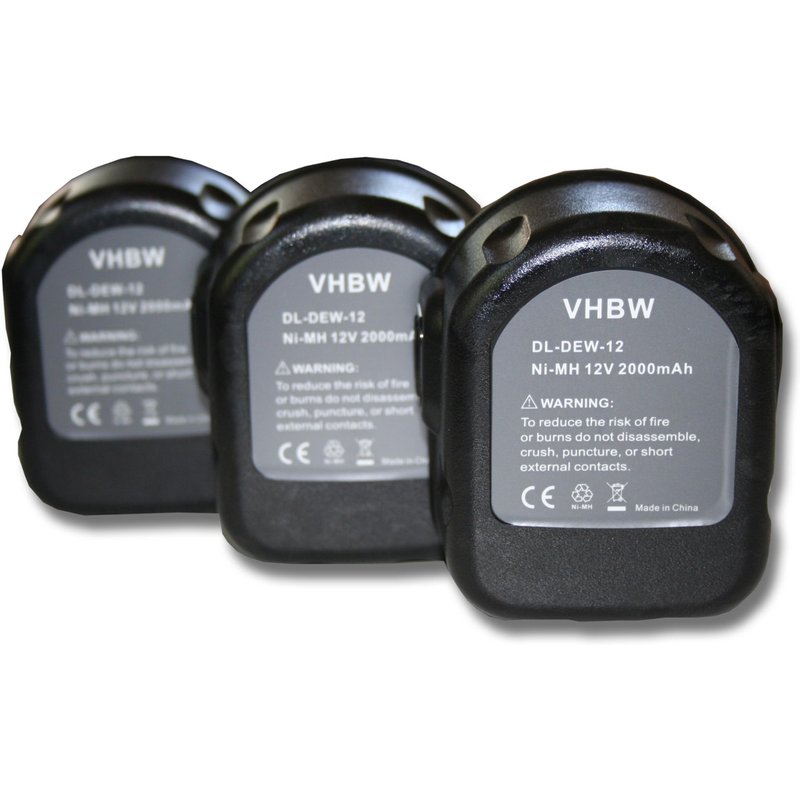 Lot 3 batteries Ni-MI vhbw 2000mAh (12V) pour outils DC981KB, DCD910KX, DCD940B2, DCD945B2, DCDK12 comme Dewalt DC9071, DE9037, DE9071, DE9074.