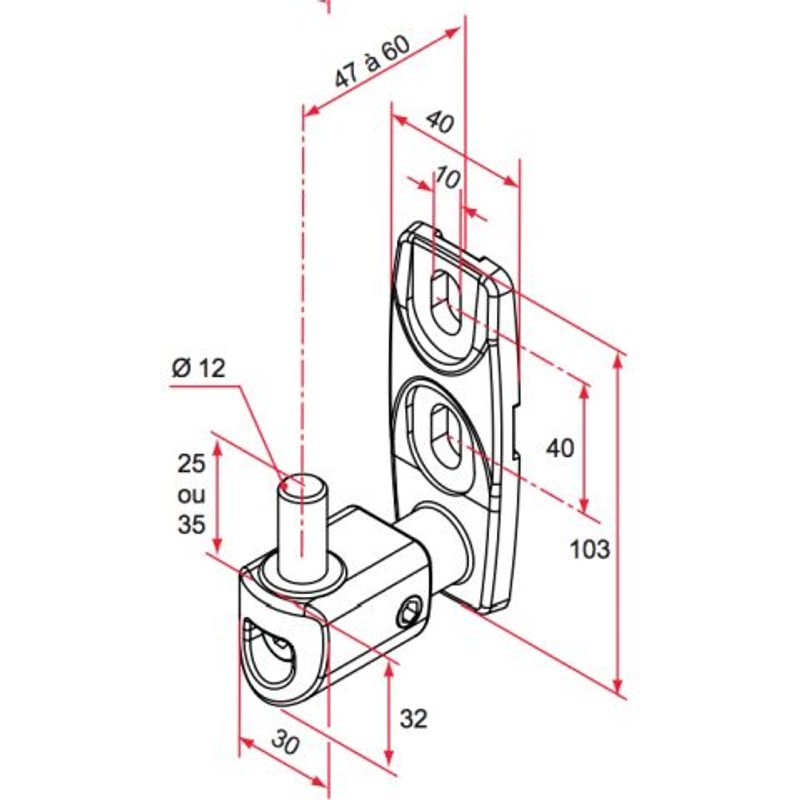Gond de portail réglable sur platine à visser - L 47 à 60 mm - noir TIRARD