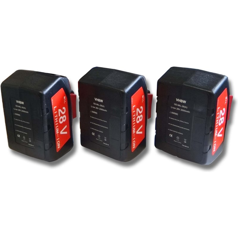 vhbw 3x Batteries compatible avec Milwaukee HD28 VC/0, M28 WL LED, V28 BS, V28 CS, V28 H outil électrique (2000 mAh, Li-ion, 28 V)