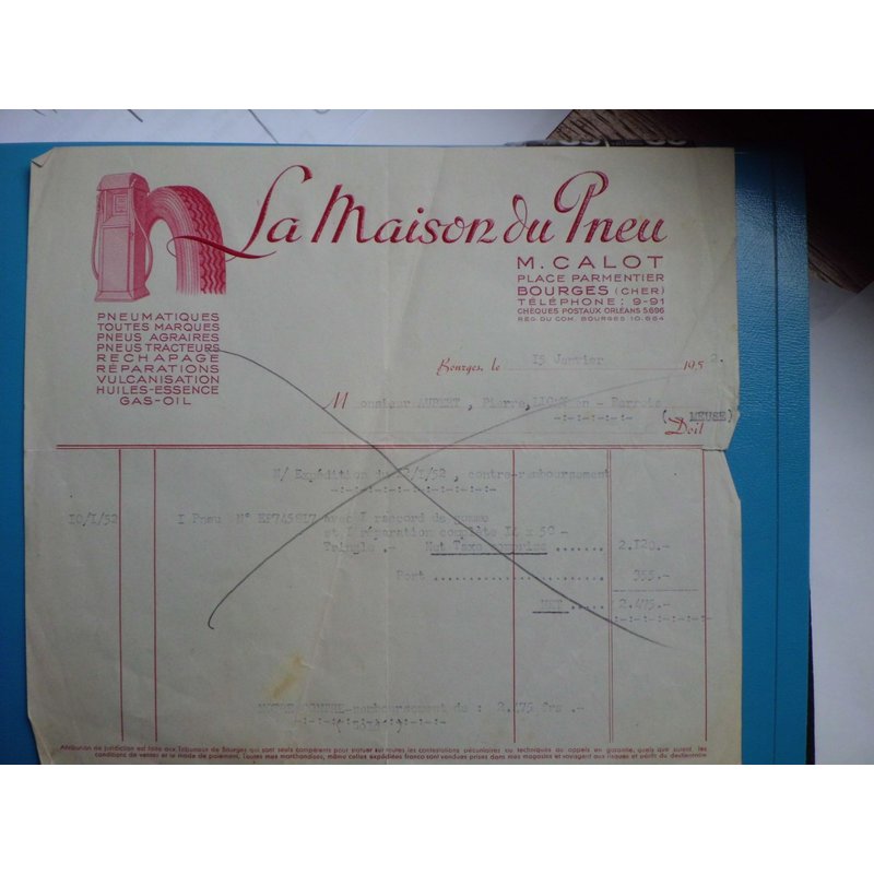 Facture De La Maison Du Pneu M. Calot Bourges Cher 1952