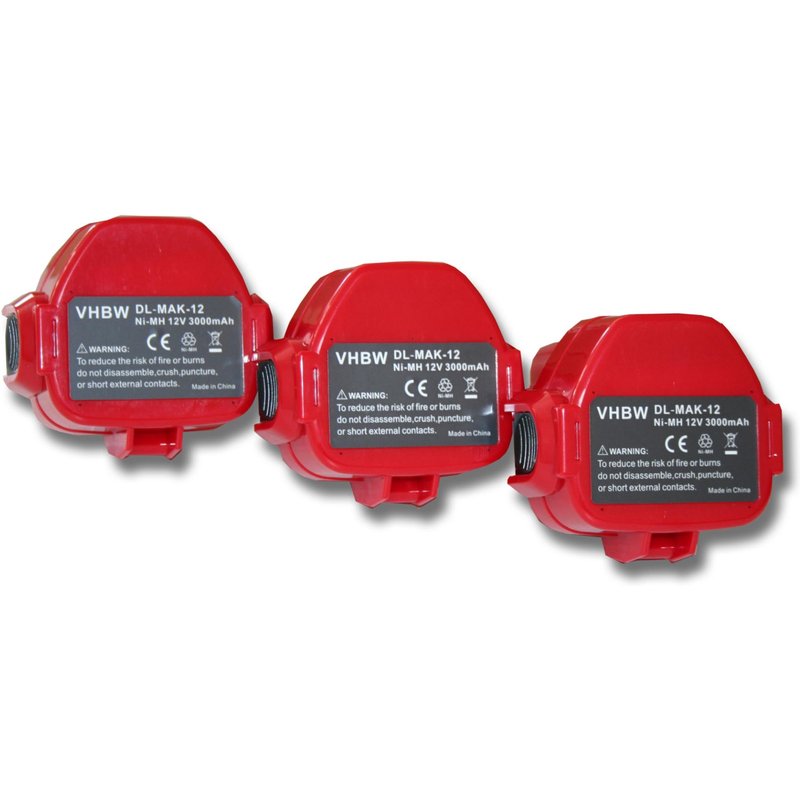 vhbw 3x batterie compatible avec Makita 8270DWE, 8270DWPE, 8271, 8271D, 8271DWAE, 8271DWE, 8271DWPE, 8271DWPE3 outil électrique (3000mAh NiMH 12V)