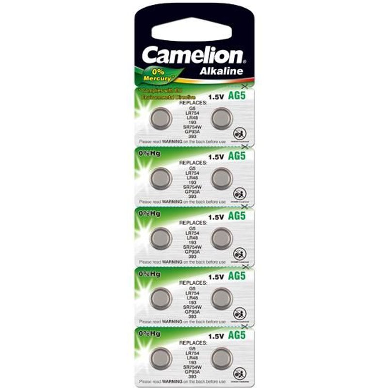 Pack de 10 piles Camelion Alcaline AG5 LR48 LR48SW LR754 LR754SW SR754W 309 393 avec 0% Mercury/Hg
