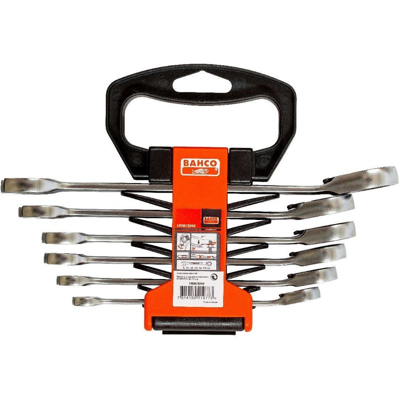Bahco Jeu de clés mixtes plates à cliquet, 6 pcs, support plastique - 1rm/sh6