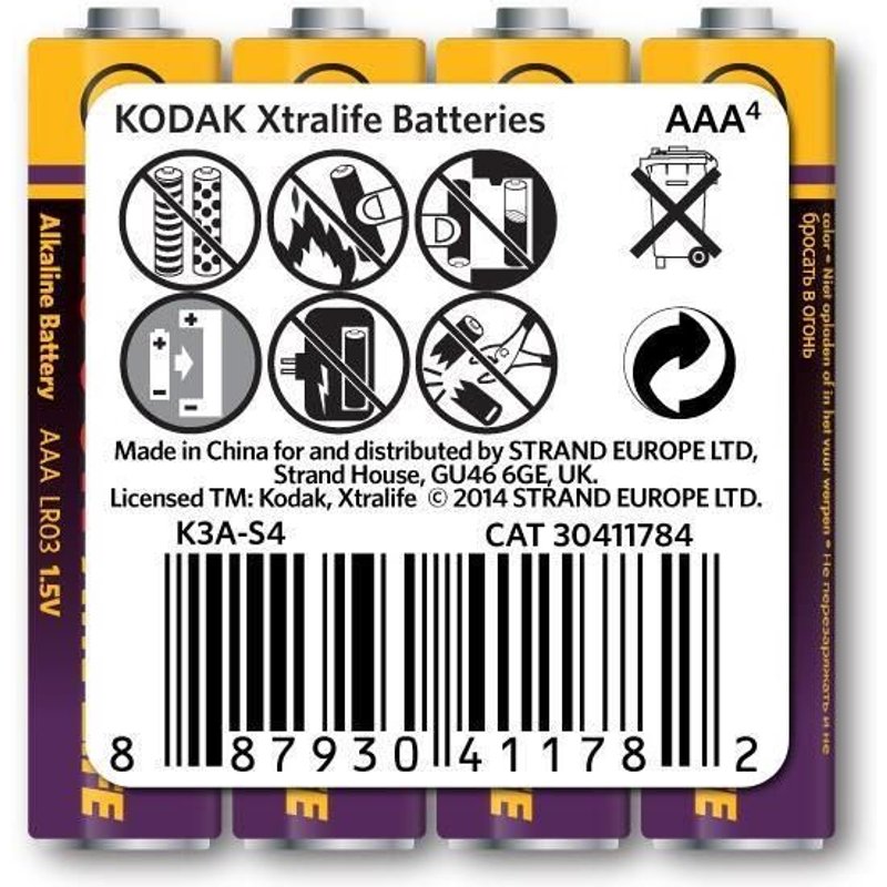 KODAK Lot de 4 Piles alcaline XTRALIFE LR03/AAA - 1.5V batterie sleeve