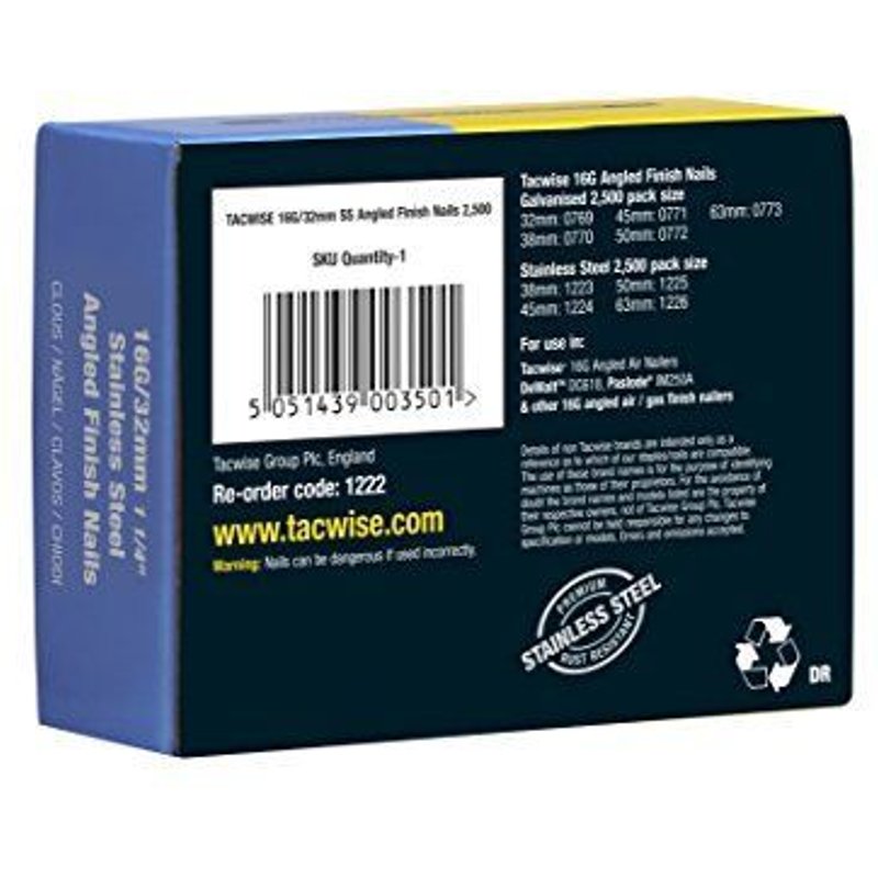 Tacwise Clous de Finition à Angle 16 GA / 32 mm en Acier Inoxydable Lot de 2 500 Pièces