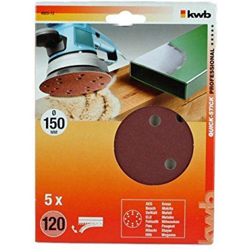 KWB quick-stick disques abrasifs pour bois et métal, autocollant, diamètre 150 mm, 4920-12, perforé