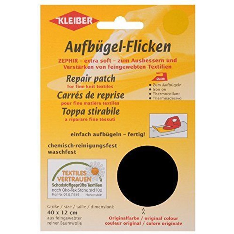 Kleiber 40 x 12 cm Patch coton thermocollant pour réparer textiles à mailles fines, Noir