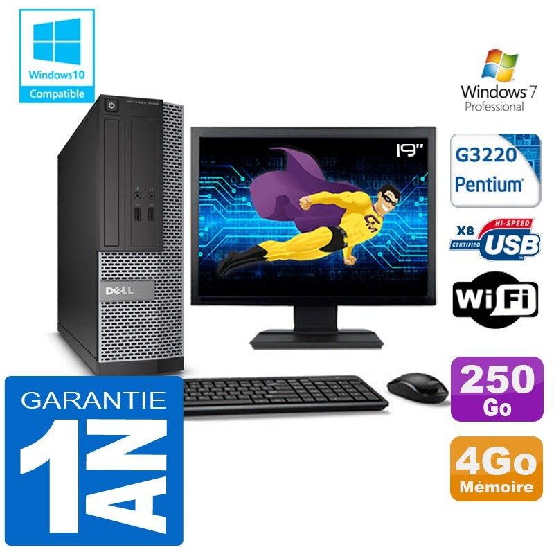 PC DELL 3020 SFF Intel G3220 Ram 4Go Disque 250 Go Wifi W7 Ecran 19