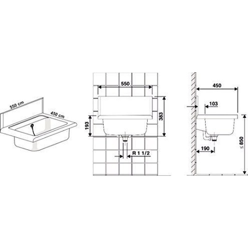 Cornat mural bec verseur Bac avec de trop-plein/, plastique, 550mm, 1pièce, blanc, wagb5500