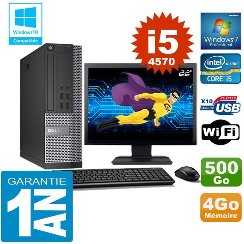 PC DELL 7020 SFF Core I5-4570 Ram 4Go Disque 500 Go Wifi W7 Ecran 22
