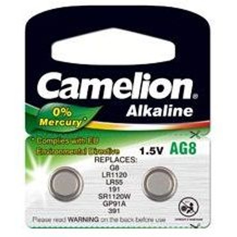 Pack de 2 piles Camelion Alcaline AG8,LR1120,LR55,191,SR1120W,GP91A,391 0% Mercury/Hg