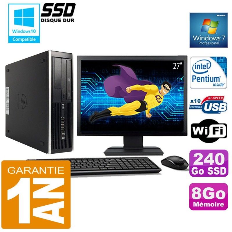 PC HP Compaq 8300 SFF Intel G850 Ram 8Go Disque 240 Go SSD Wifi W7 Ecran 27