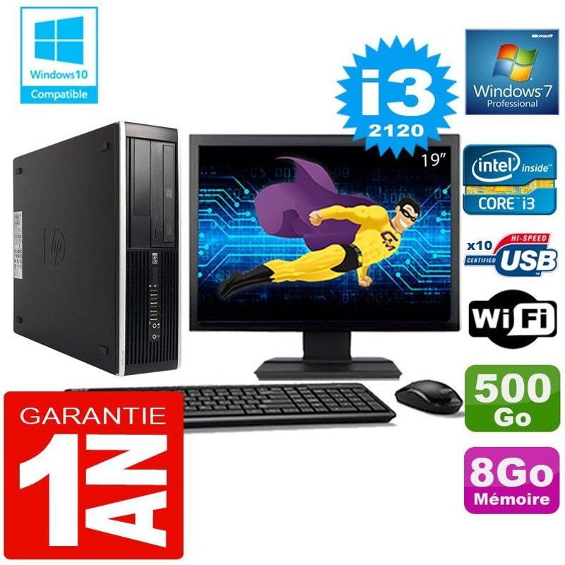 PC HP Compaq 8300 SFF Core I3-2120 Ram 8Go Disque 500 Go Wifi W7 Ecran 19