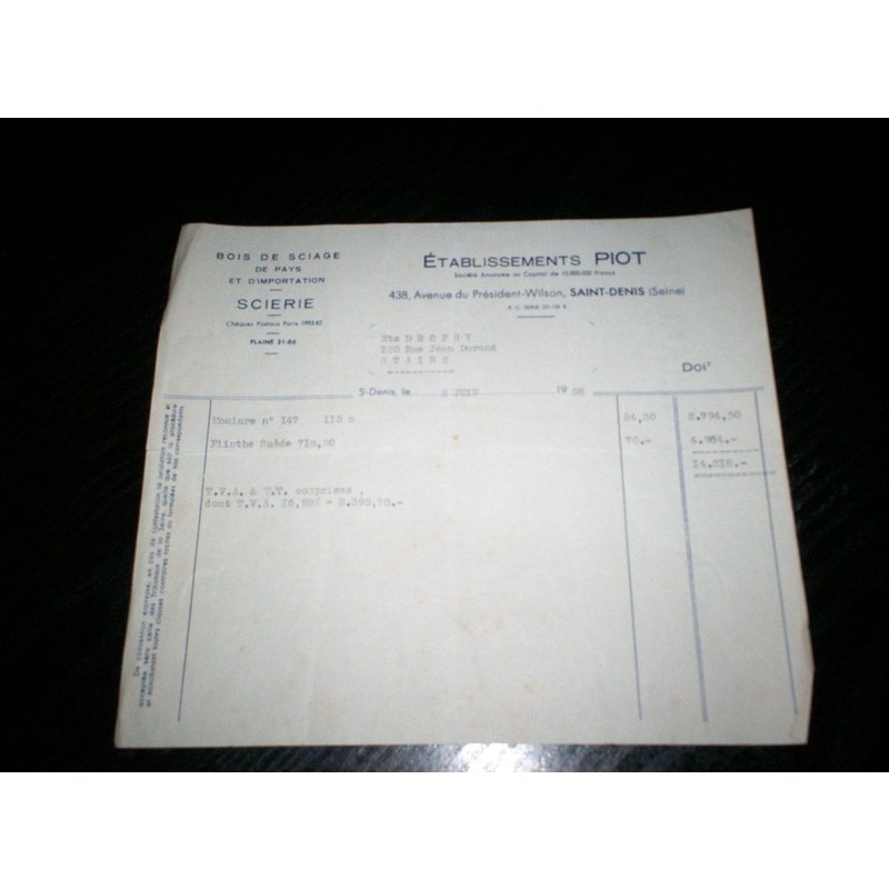 Ancienne Facture Établissements Piot À Saint Denis