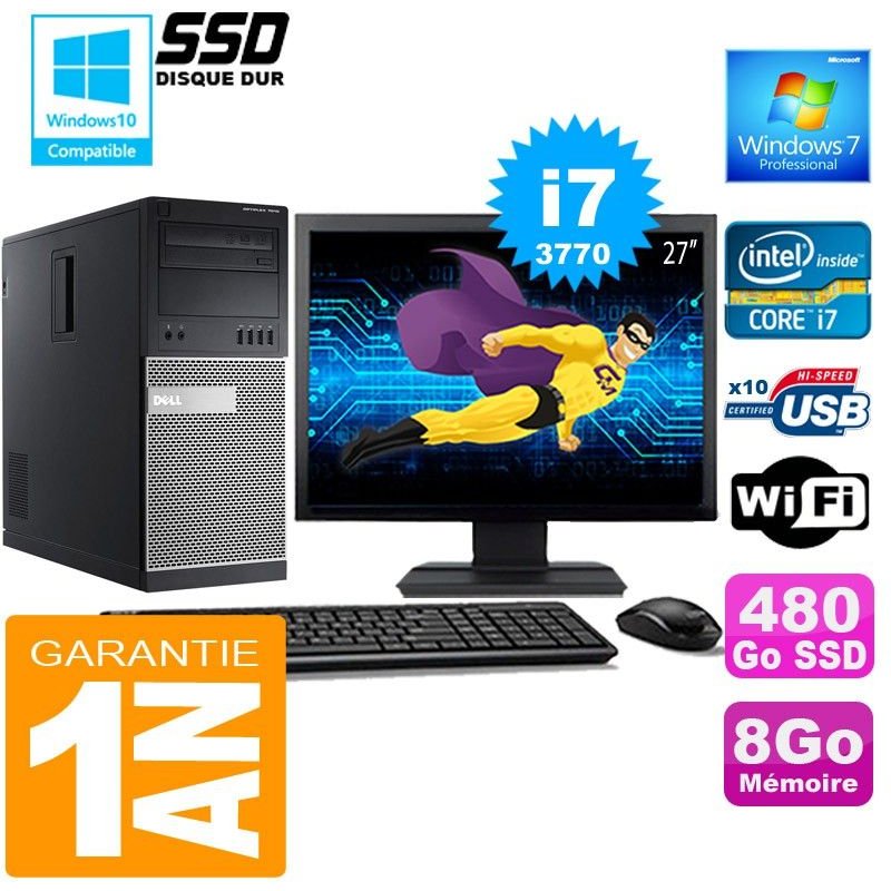 PC Tour DELL 7010 Core I7-3770 Ram 8Go Disque 480 Go SSD Wifi W7 Ecran 27