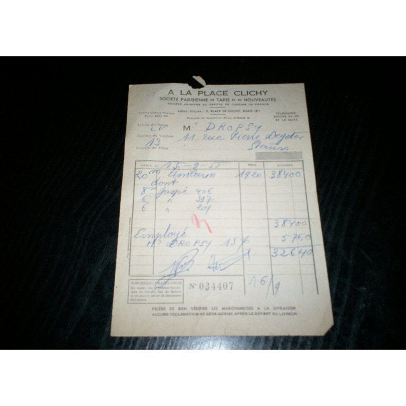 Ancienne Facture À La Place Clichy Société Parisienne De Tapis Et De Nouveautés De 1955