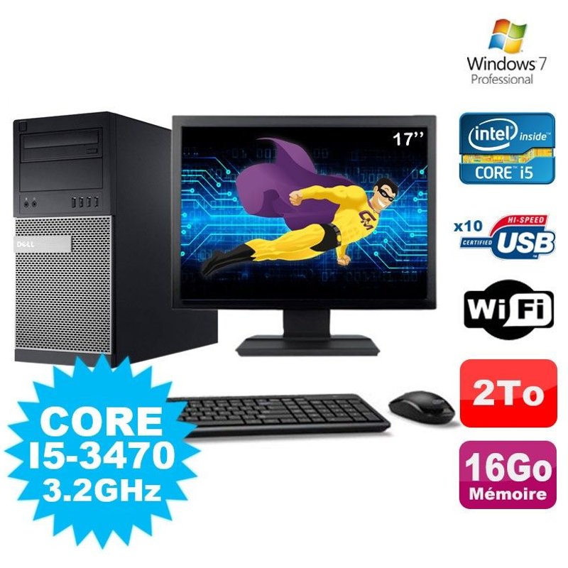 Lot PC Tour Dell Optiplex 7010 I5-3470 3.2Ghz 16Go 2000Go WIFI W7 + Ecran 17