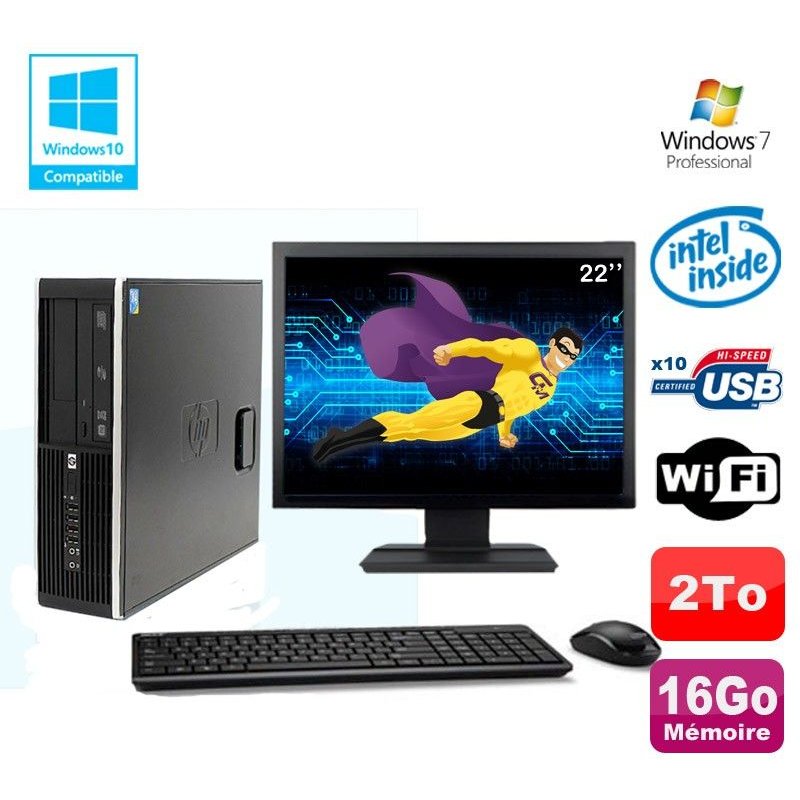Lot PC HP Elite 8100 SFF G6950 2,8 GHz 16Go 2000Go Wifi Graveur W7 Pro Ecran 22