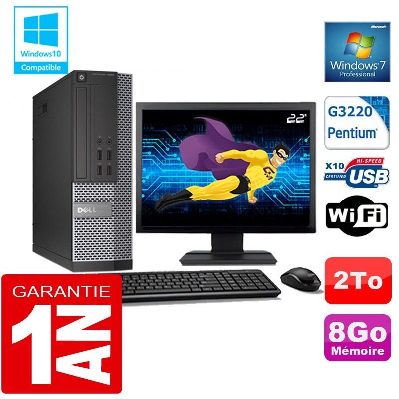 PC DELL 7020 SFF Intel G3220 Ram 8Go Disque 2 To Wifi W7 Ecran 22