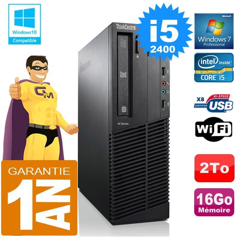 PC Lenovo M92p SFF Core I5-2400 Ram 16Go Disque 2 To Graveur DVD Wifi W7