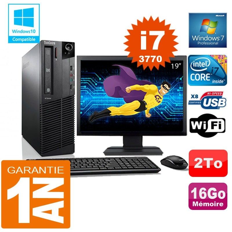 PC Lenovo M92p SFF Core I7-3770 Ram 16Go Disque 2 To Wifi W7 Ecran 19