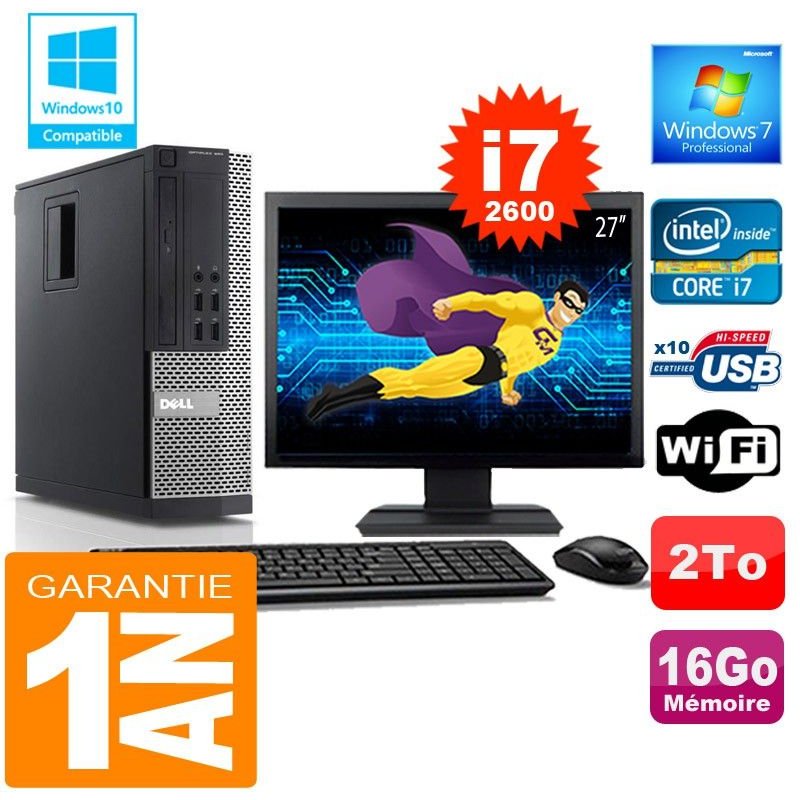 PC DELL 990 SFF Core I7-2600 Ram 16Go Disque 2 To Wifi W7 Ecran 27