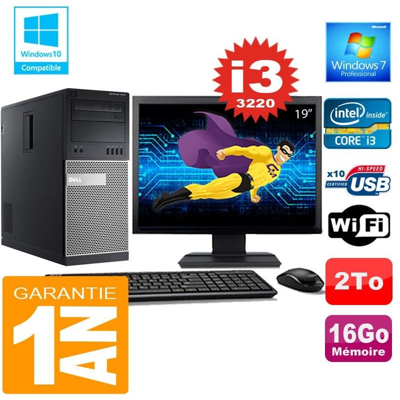 PC Tour DELL 7010 Core I3-3220 Ram 16Go Disque 2 To Wifi W7 Ecran 19