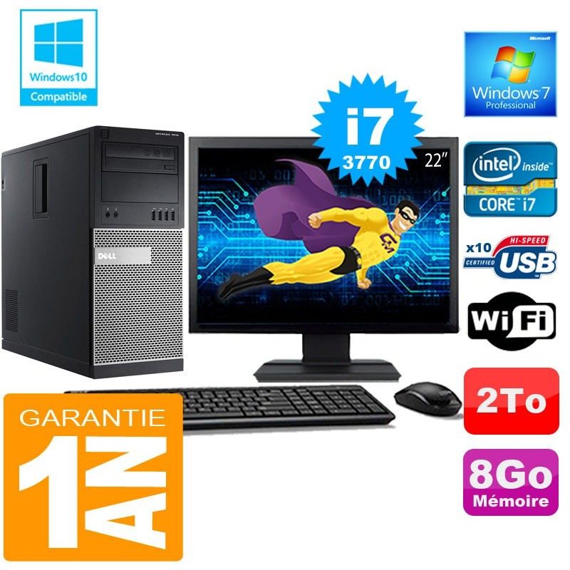 PC Tour DELL 7010 Core I7-3770 Ram 8Go Disque 2 To Wifi W7 Ecran 22