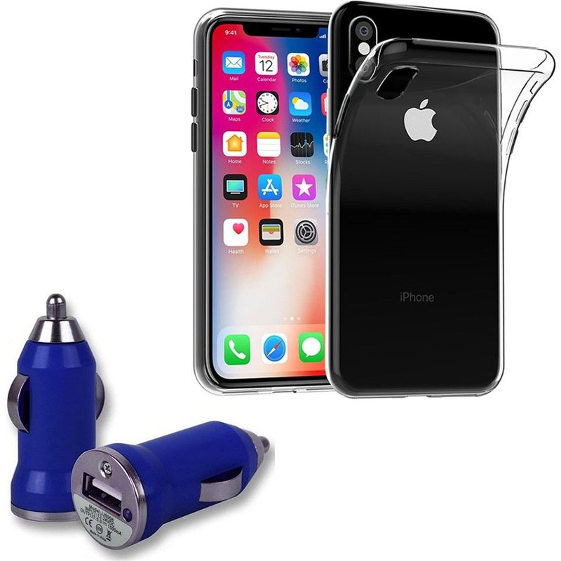 Pour Apple Iphone X 5.8": Coque Silicone Gel Ultraslim - Transparent + 1 Chargeur Voiture Adaptateur - Bleu