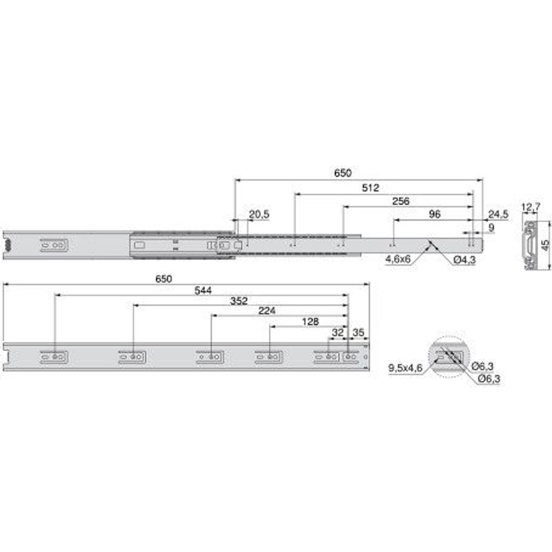 Coulisses à billes à sortie totale - hauteur 45 mm - L 650 mm EMUCA