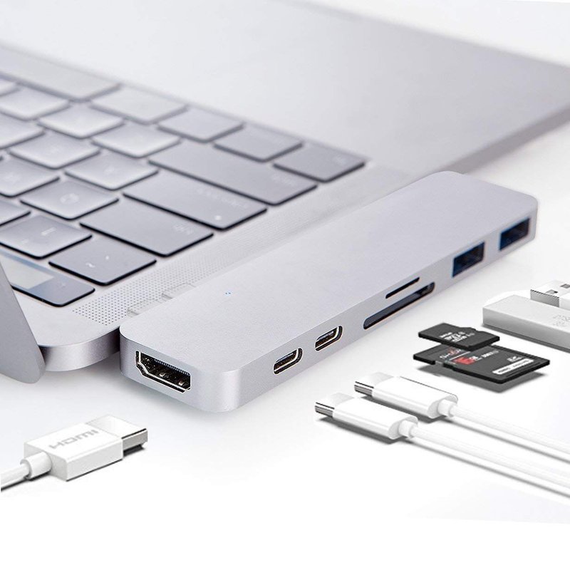Hub USB C Hub Type C en Aluminium Adaptateur Hub pour MacBook Pro 13" et 15" 2016/2017, USB C vers HDMI Adaptateur avec Thunderbolt 3 et Lecteur de Carte TF/SD (argent)