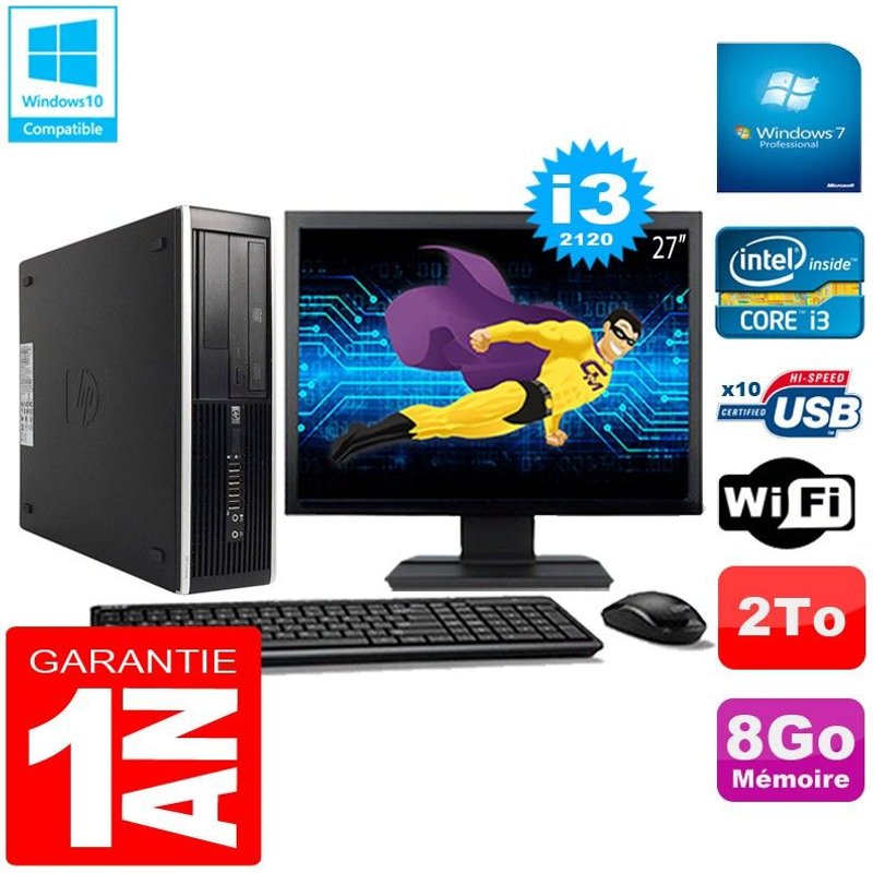PC HP Compaq Pro 6300 SFF I3-2120 8Go 2To Graveur DVD Wifi W7 Ecran 27