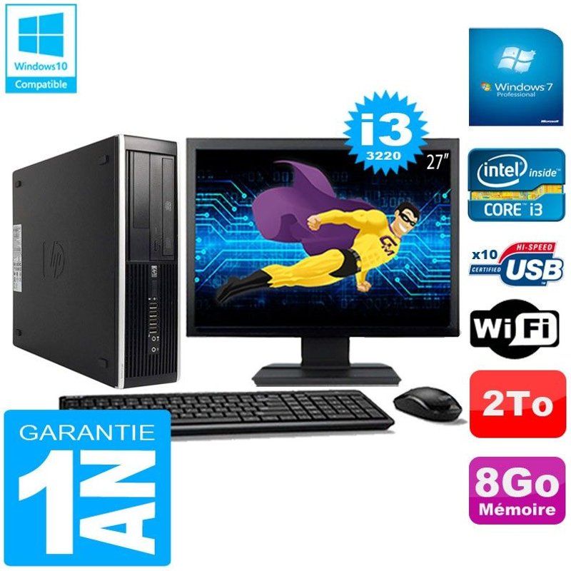 PC HP Compaq Pro 6300 SFF I3-3220 8Go 2To Graveur DVD Wifi W7 Ecran 27