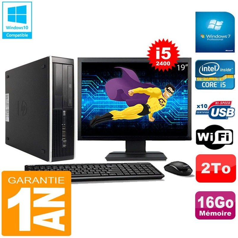 PC HP Compaq Pro 6300 SFF I5-2400 16Go 2To Graveur DVD Wifi W7 Ecran 19