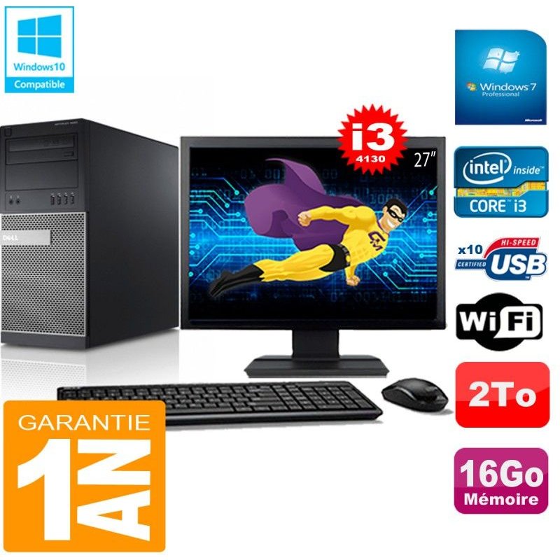 PC Tour DELL 9020 Core I3-4130 Ram 16Go Disque 2 To Wifi W7 Ecran 27